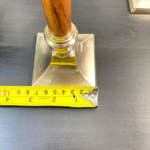 Set of 2 Candlestick Holders, Brass and Wood, Taper Candle Holder with Candles, - Picture 4 of 10